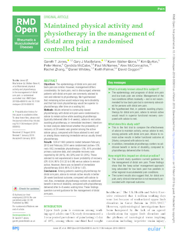 Maintained physical activity and physiotherapy in the management of distal arm pain: A randomised controlled trial Thumbnail