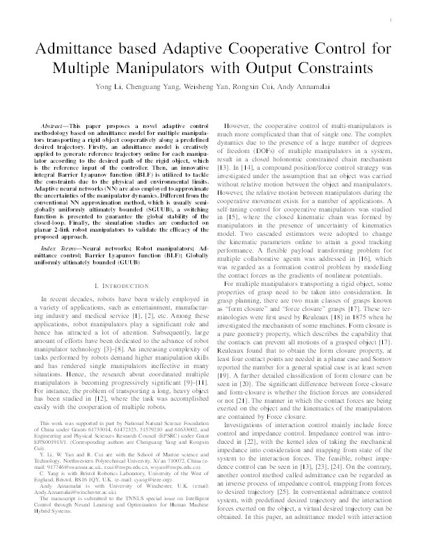 Admittance-based adaptive cooperative control for multiple manipulators with output constraints Thumbnail