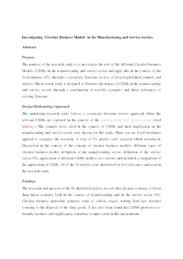 Investigating “circular business models” in the manufacturing and service sectors Thumbnail