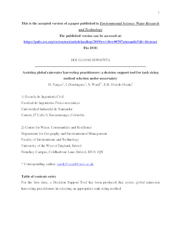 Assisting global rainwater harvesting practitioners: A decision support tool for tank sizing method selection under uncertainty Thumbnail