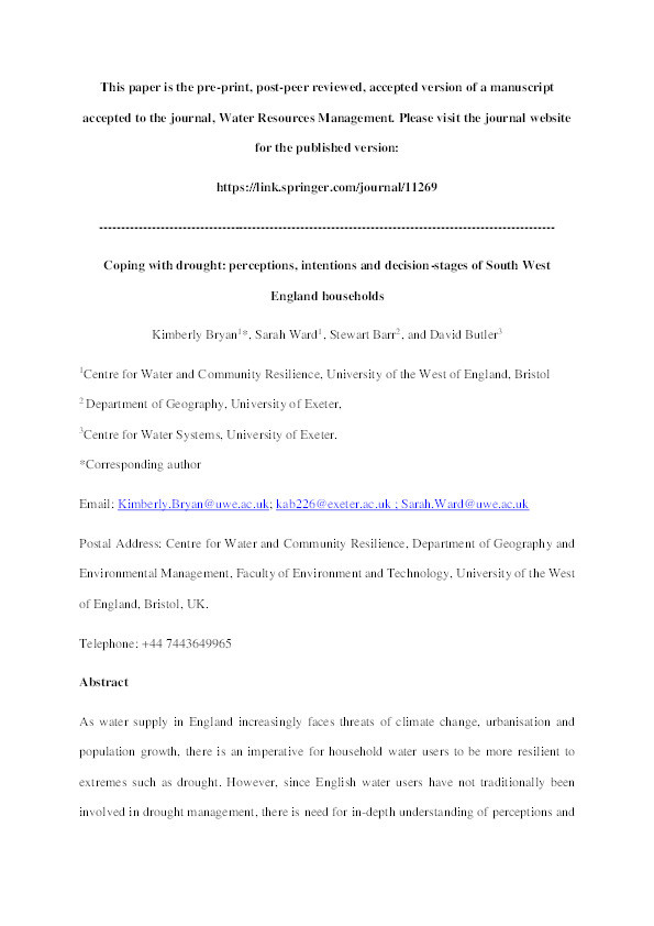 Coping with drought: Perceptions, intentions and decision-stages of South West England households Thumbnail