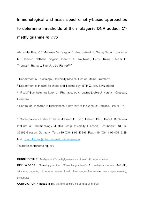 Immunological and mass spectrometry-based approaches to determine thresholds of the mutagenic DNA adduct O 6 -methylguanine in vivo Thumbnail