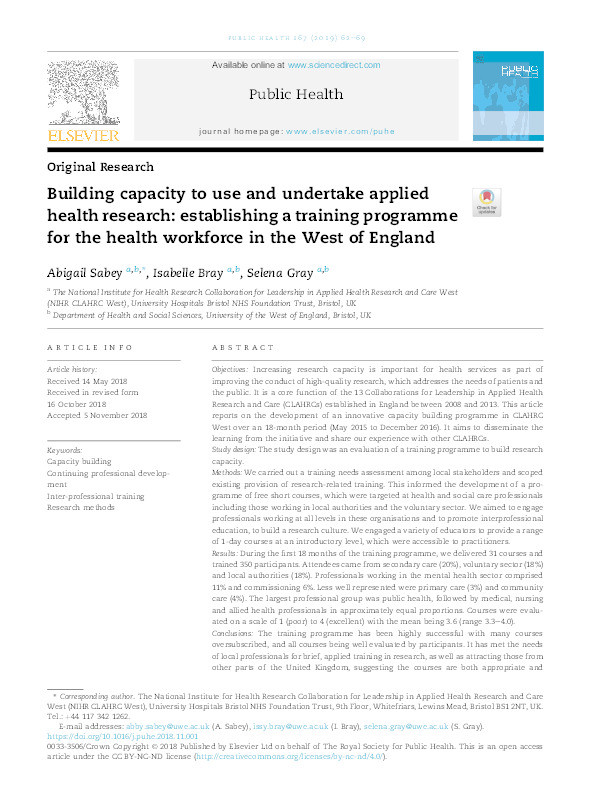 Building capacity to use and undertake applied health research: establishing a training programme for the health workforce in the West of England Thumbnail