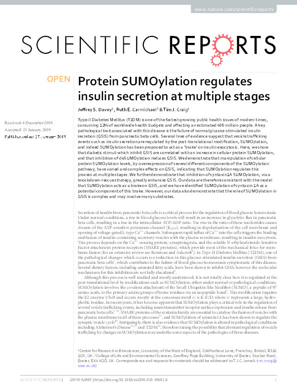 Protein SUMOylation regulates insulin secretion at multiple stages Thumbnail