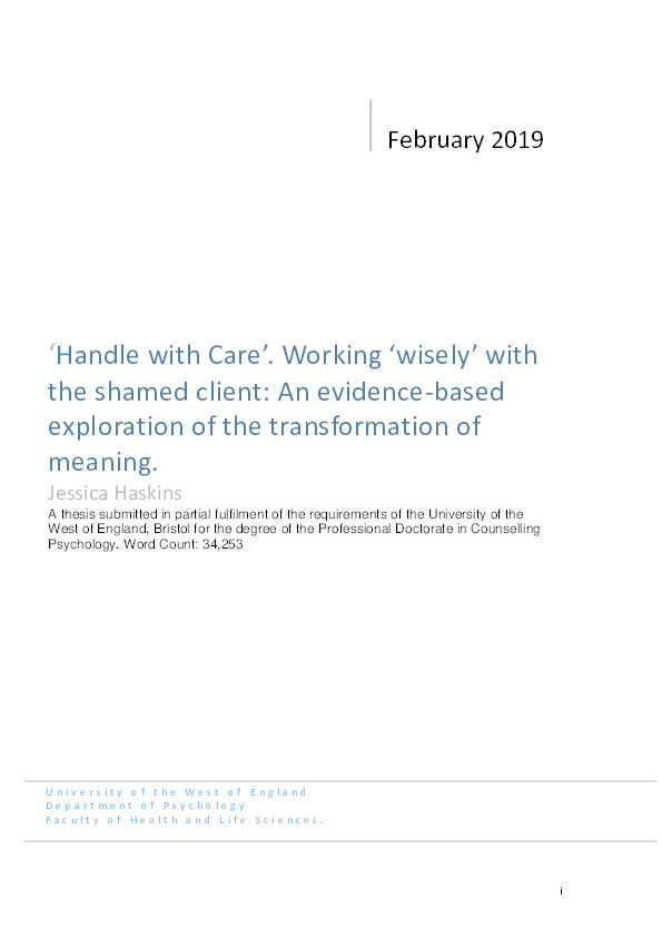 'Handle with care': Working 'wisely' with the shamed client: An evidence-based exploration of the transformation of meaning Thumbnail