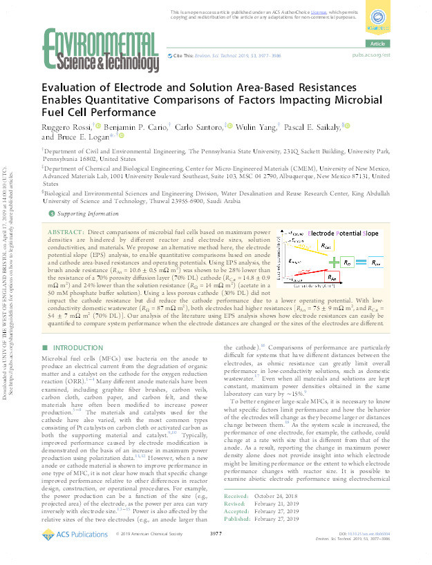 Evaluation of electrode and solution area-based resistances enables quantitative comparisons of factors impacting microbial fuel cell performance Thumbnail