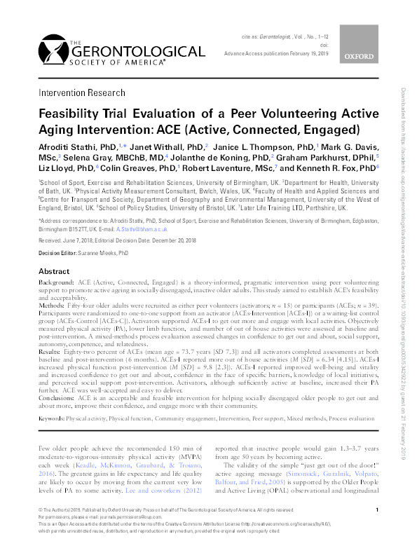 Feasibility trial evaluation of a peer volunteering active aging intervention: ACE (Active, Connected, Engaged) Thumbnail