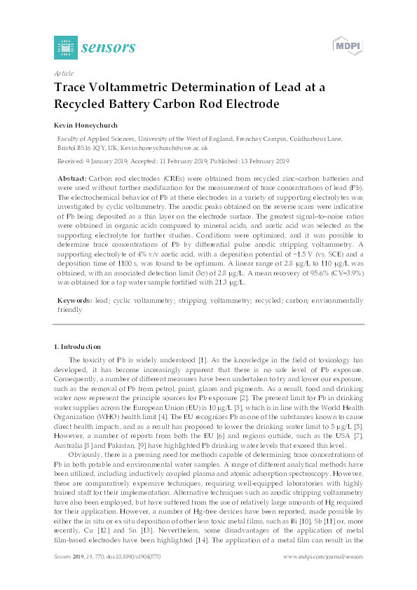 Trace voltammetric determination of lead at a recycled battery carbon rod electrode Thumbnail
