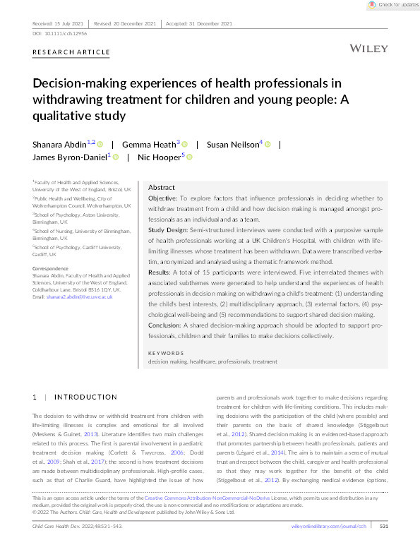 Decision-making experiences of health professionals in withdrawing treatment for children and young people: A qualitative study Thumbnail