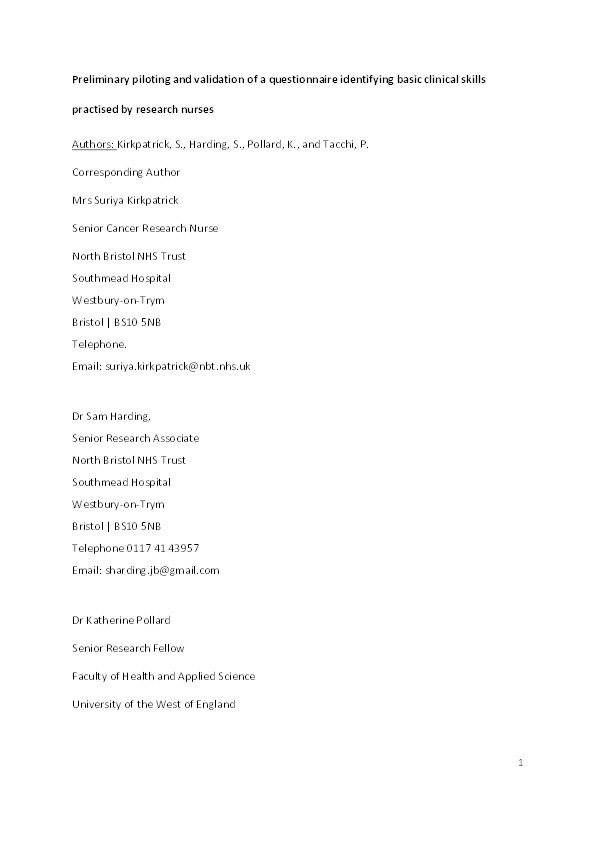 Preliminary piloting and validation of a questionnaire identifying basic clinical skills practised by research nurses Thumbnail