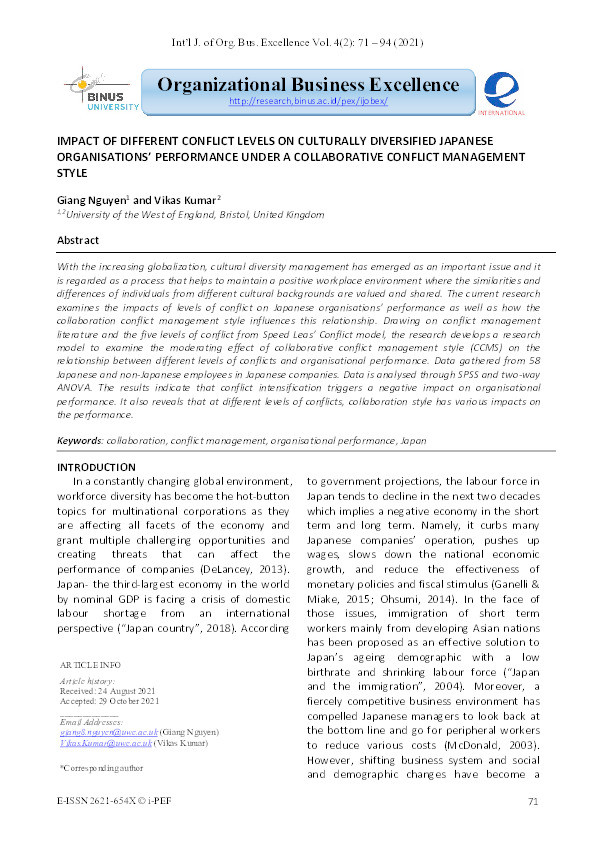 Impact of different conflict levels on culturally diversified Japanese organisations’ performance under a collaborative conflict management style Thumbnail
