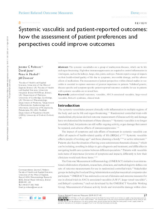 Systemic vasculitis and patient-reported outcomes: How the assessment of patient preferences and perspectives could improve outcomes Thumbnail