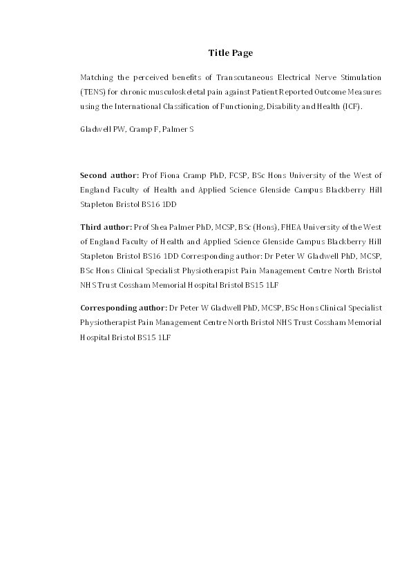 Matching the perceived benefits of Transcutaneous Electrical Nerve Stimulation (TENS) for chronic musculoskeletal pain against Patient Reported Outcome Measures using the International Classification of Functioning, Disability and Health (ICF) Thumbnail