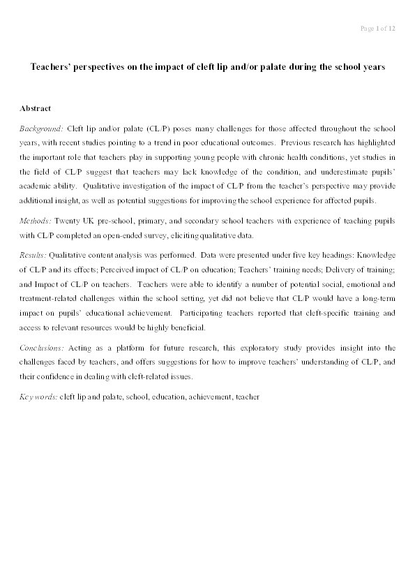 Teachers’ Perspectives on the Impact of Cleft Lip and/or Palate During the School Years Thumbnail