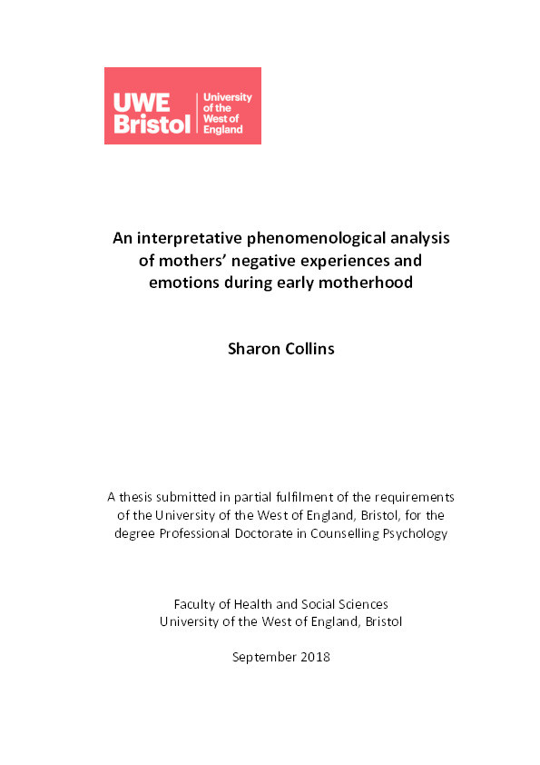 An interpretative phenomenological analysis of mothers' negative experiences and emotions during early motherhood Thumbnail