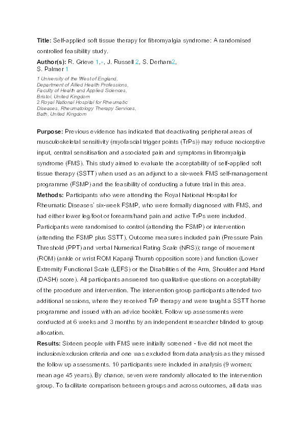 Self-applied soft tissue therapy for fibromyalgia syndrome: A randomised controlled feasibility study Thumbnail