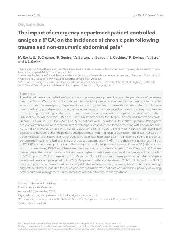 The impact of emergency department patient-controlled analgesia (PCA) on the incidence of chronic pain following trauma and non-traumatic abdominal pain Thumbnail