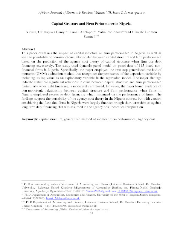 Capital structure and firm performance in Nigeria Thumbnail