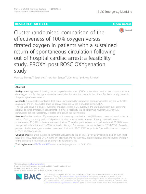 Cluster randomised comparison of the effectiveness of 100% oxygen versus titrated oxygen in patients with a sustained return of spontaneous circulation following out of hospital cardiac arrest: A feasibility study. PROXY: Post ROSC OXYgenation study Thumbnail