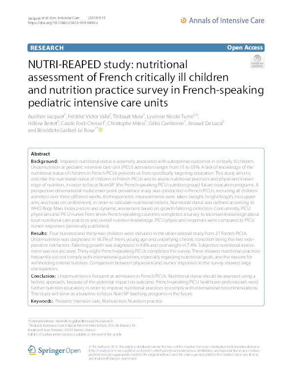 NUTRI-REAPED study: nutritional assessment of French critically ill children and nutrition practice survey in French-speaking pediatric intensive care units Thumbnail