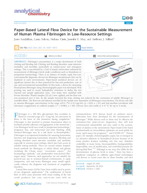 Paper-based lateral flow device for the sustainable measurement of human plasma fibrinogen in low-resource settings Thumbnail