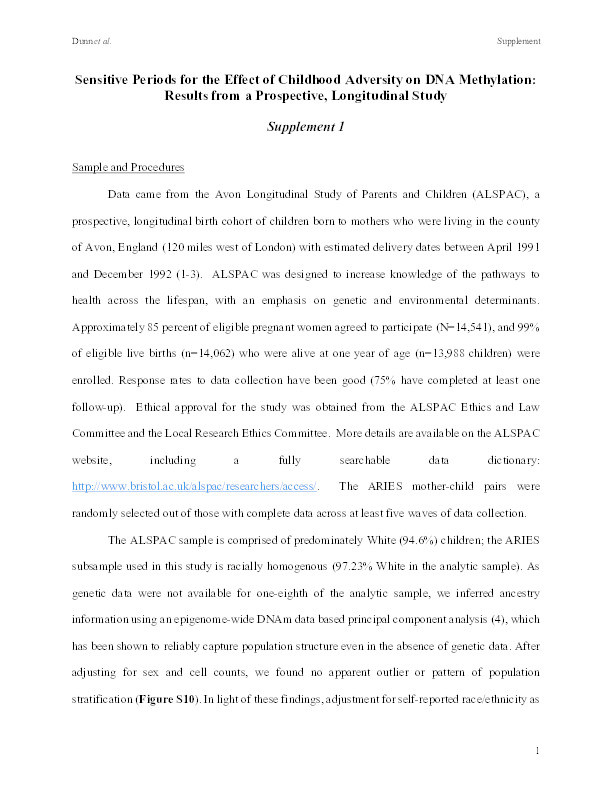 Sensitive periods for the effect of childhood adversity on DNA methylation: Results from a prospective, longitudinal study Thumbnail