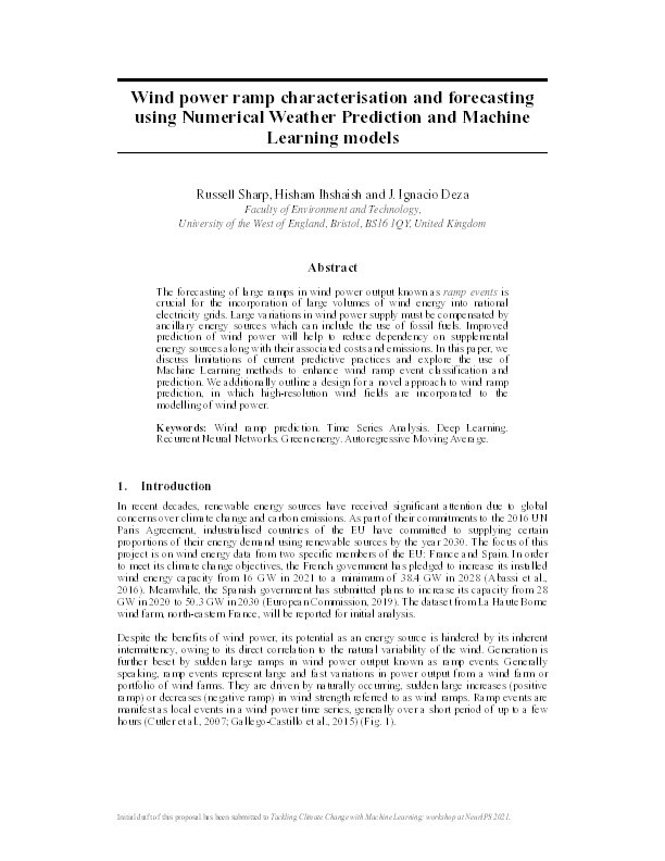 Wind power ramp characterisation and forecasting using Numerical Weather Prediction and Machine Learning models Thumbnail