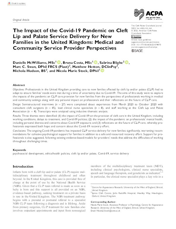 The impact of the Covid-19 pandemic on cleft lip and palate service delivery for new families in the United Kingdom: Medical and community service provider perspectives Thumbnail