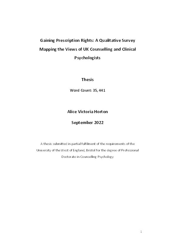 Gaining prescription rights: A qualitative survey mapping the views of UK counselling and clinical psychologists Thumbnail