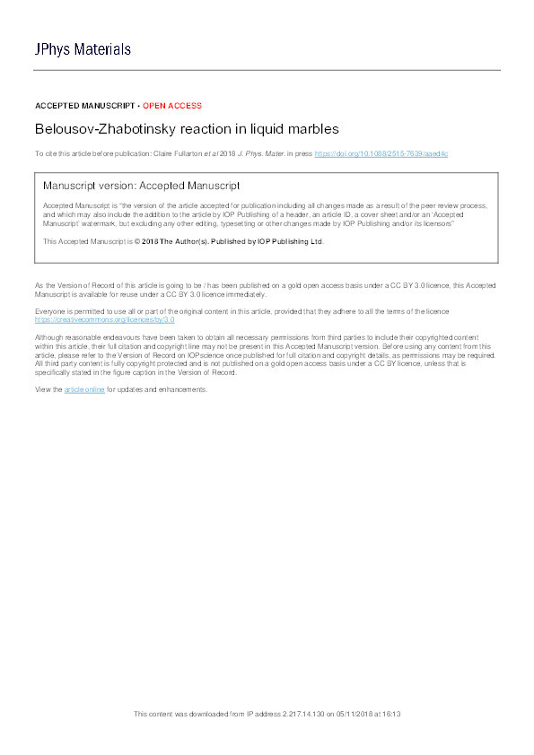 Belousov-Zhabotinsky reaction in liquid marbles Thumbnail