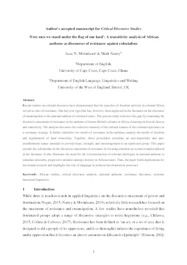 ‘Free men we stand under the flag of our land’: A transitivity analysis of African anthems as discourses of resistance against colonialism Thumbnail