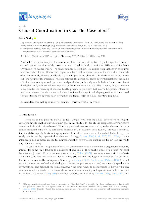 Clausal coordination in Gã: The case of nì Thumbnail