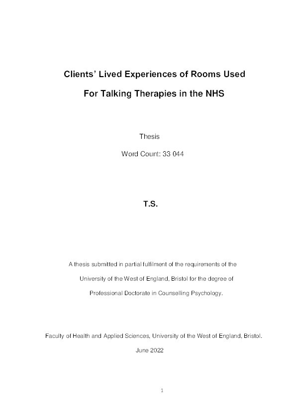 Clients’ lived experiences of rooms used  for talking therapies in the NHS Thumbnail