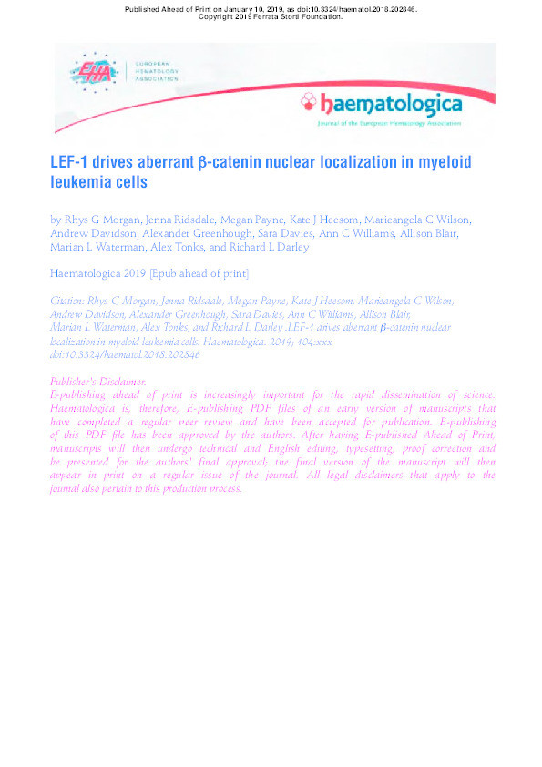 LEF-1 drives aberrant β-catenin nuclear localization in myeloid leukemia cells Thumbnail