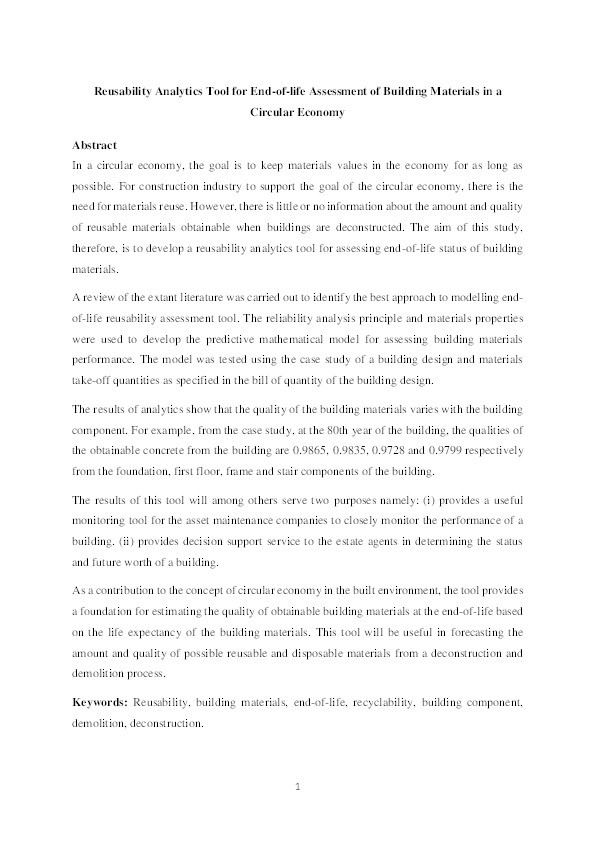 Reusability analytics tool for end-of-life assessment of building materials in a circular economy Thumbnail