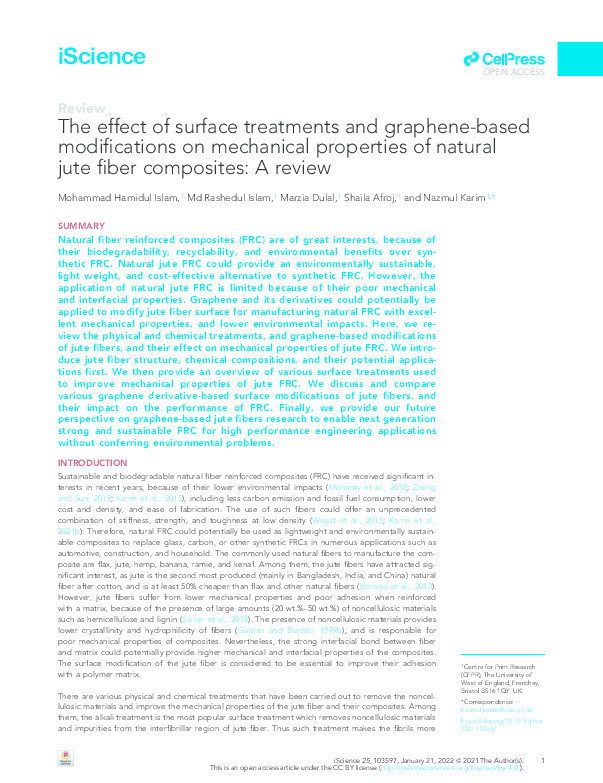 The effect of surface treatments and graphene-based modifications on mechanical properties of natural jute fiber composites: A review Thumbnail