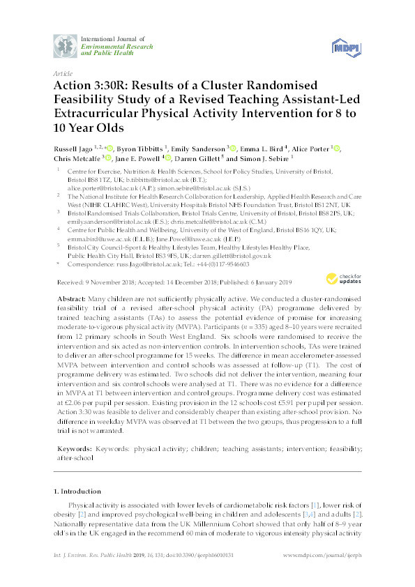 Action 3:30R: Results of a cluster randomised feasibility study of a revised teaching assistant-led extracurricular physical activity intervention for 8 to 10 year olds Thumbnail