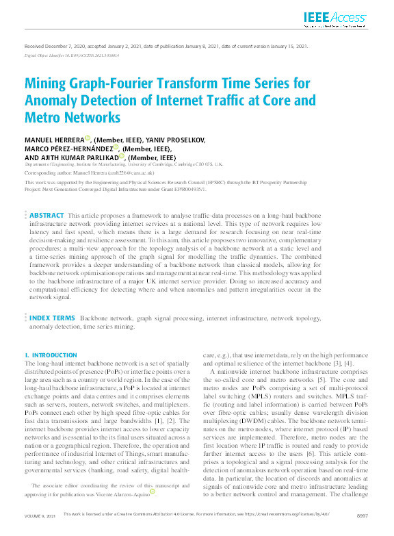 Mining graph-Fourier transform time series for anomaly detection of internet traffic at core and metro networks Thumbnail