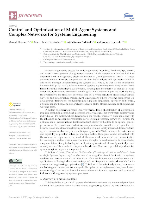 Control and optimization of multi-agent systems and complex networks for systems engineering Thumbnail