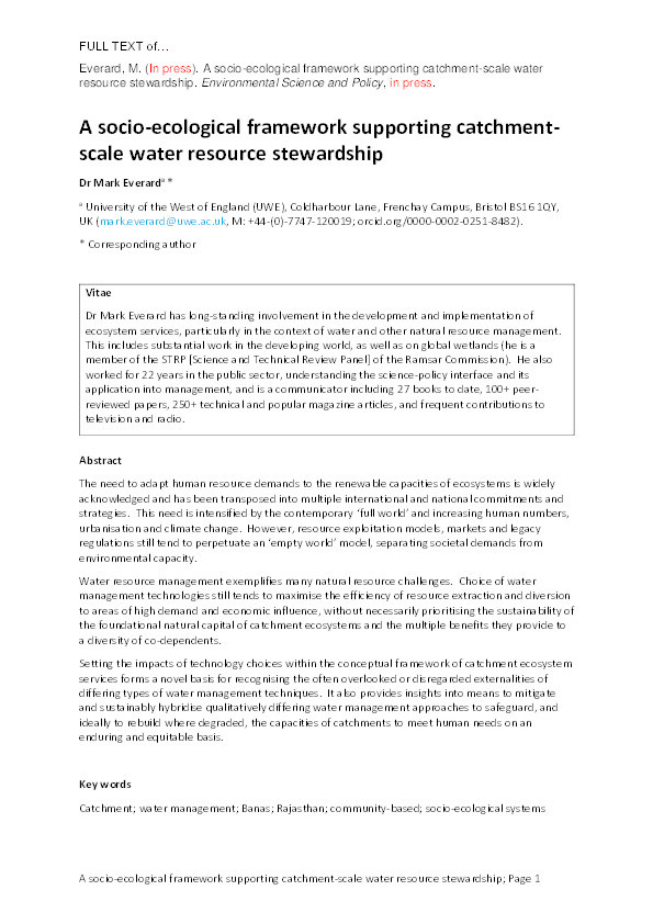 A socio-ecological framework supporting catchment-scale water resource stewardship Thumbnail