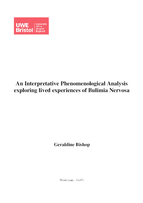 An interpretative phenomenological analysis exploring lived experiences of bulimia nervosa Thumbnail