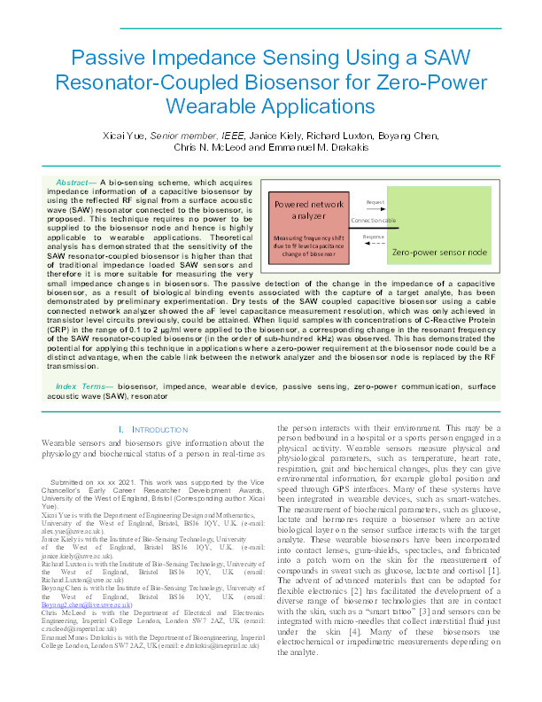 Passive impedance sensing using a SAW resonator-coupled biosensor for zero-power wearable applications Thumbnail