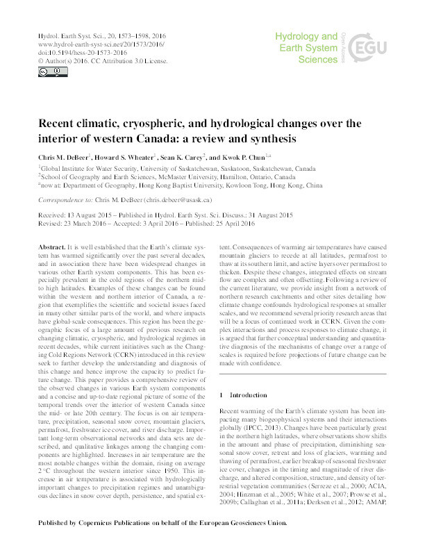 Recent climatic, cryospheric, and hydrological changes over the interior of western Canada: A review and synthesis Thumbnail