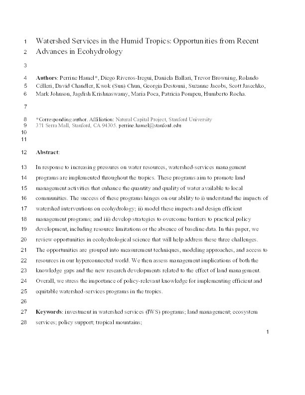 Watershed services in the humid tropics: Opportunities from recent advances in ecohydrology Thumbnail