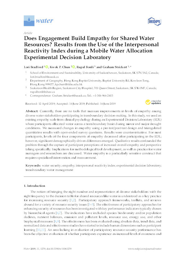 Does engagement build empathy for shared water resources? Results from the use of the interpersonal reactivity index during a mobile water allocation experimental decision laboratory Thumbnail