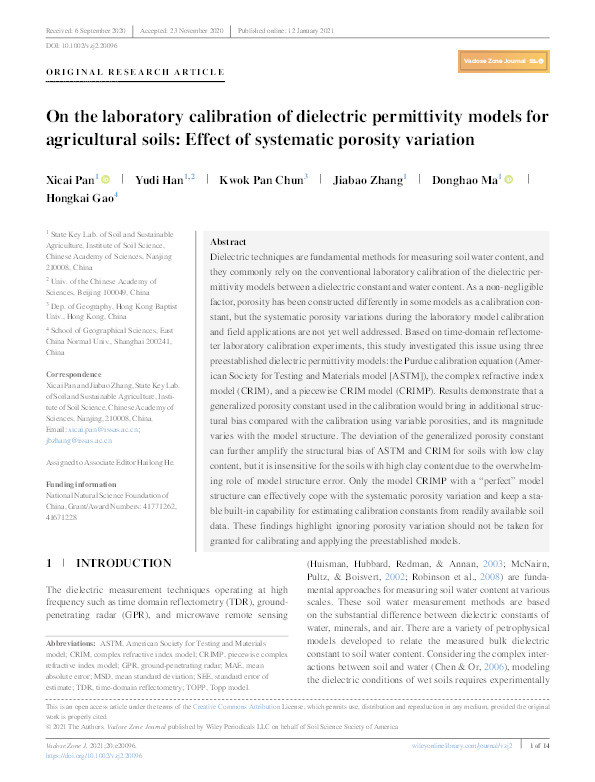 On the laboratory calibration of dielectric permittivity models for agricultural soils: Effect of systematic porosity variation Thumbnail