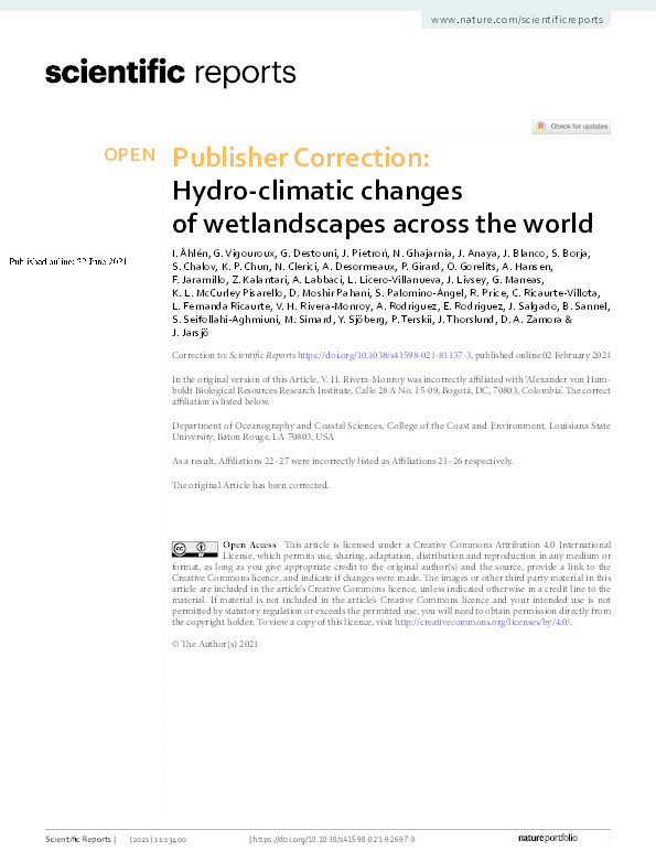 Publisher Correction: Hydro-climatic changes of wetlandscapes across the world Thumbnail