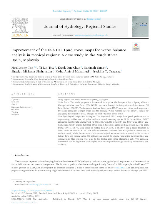 Improvement of the ESA CCI land cover maps for water balance analysis in tropical regions: A case study in the Muda River Basin, Malaysia Thumbnail