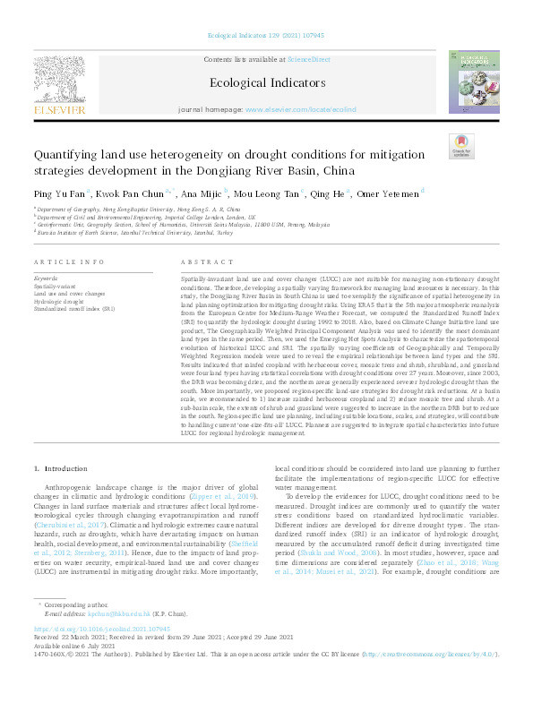 Quantifying land use heterogeneity on drought conditions for mitigation strategies development in the Dongjiang River Basin, China Thumbnail