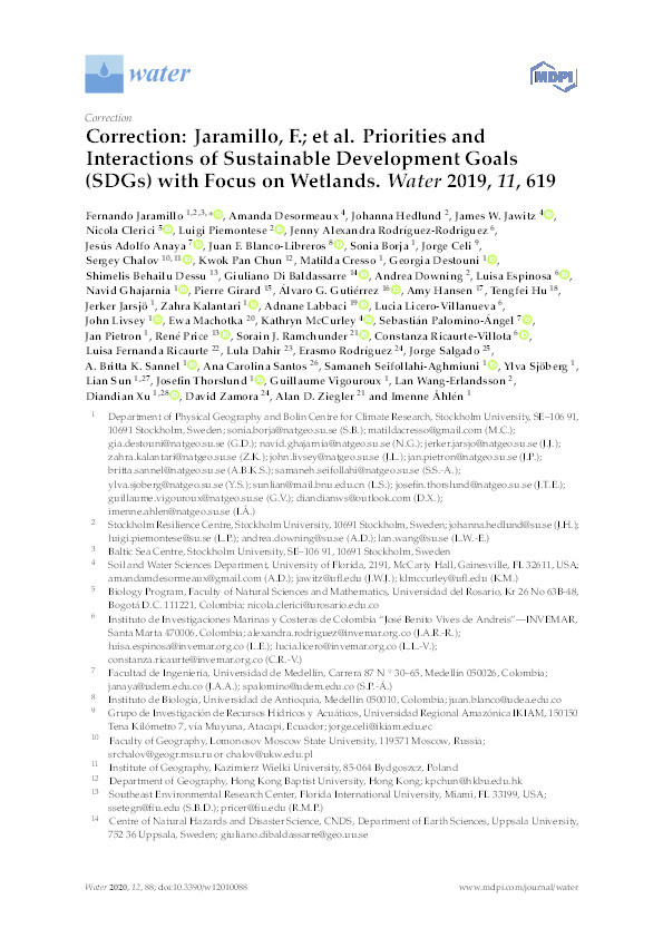 Correction: Priorities and interactions of sustainable development goals (SDGs) with focus on wetlands. Water 2019, 11, 619 doi: 10.3390/w11030619 Thumbnail